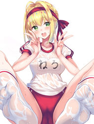  :d ahoge ass bad_id bad_pixiv_id blonde_hair blush braid breasts buruma clothes_writing commentary_request double_v fate/extra fate_(series) feet female green_eyes groin gym_shirt gym_uniform hair_intakes hands_up headband heart heart-shaped_pupils highres kneehighs looking_at_viewer medium_breasts name_tag nero_claudius_(fate) nero_claudius_(olympian_bloomers)_(fate) no_shoes official_alternate_costume open_mouth ponytail_korosuke puffy_short_sleeves puffy_sleeves red_buruma revision see-through shirt short_sleeves sidelocks simple_background sitting smile socks soles solo spread_legs symbol-shaped_pupils thighs toes v wet wet_clothes wet_legwear wet_shirt wet_socks white_background white_legwear 