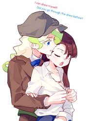  2girls blonde_hair blush brown_hair commentary couple diana_cavendish dressing dressing_another english_commentary english_text hat hug hug_from_behind kagari_atsuko little_witch_academia milk_puppy multiple_girls one_eye_closed simple_background white_background yuri 