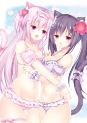  2girls :d animal_ear_fluff animal_ears bare_shoulders bikini blush bow breasts brown_hair cat_ears cat_girl cat_tail cleavage collarbone commentary_request detached_sleeves dutch_angle flower frilled_bikini frills groin hair_between_eyes hair_flower hair_ornament hairbow hairclip heart heart_hair_ornament himemiya_niina long_hair medium_breasts multiple_girls navel oerba_yun_fang open_mouth original parted_lips pink_bikini pink_bow pink_hair puffy_short_sleeves puffy_sleeves purple_bikini purple_eyes red_flower short_sleeves smile star_(symbol) star_hair_ornament swimsuit tail tail_raised twintails very_long_hair wrist_cuffs 