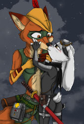  4_fingers alice_kirabito_(ziegelzeig) amber_eyes anthro anthro_on_anthro black_nose canid canine clothed clothing disney duo fan_character female female/female fingers fox fur gloves_(marking) interspecies kiss_on_lips kissing lagomorph larger_anthro leporid luna_wilde_(crewefox) mammal markings mask midriff multicolored_tail pink_nose predator/prey rabbit red_body red_fox red_fur size_difference smaller_anthro tail true_fox white_body white_fur yellow_eyes ziegelzeig zootopia 