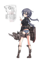  anchor_symbol ass belt black_serafuku blue_hair blue_panties boots brown_eyes cannon chinese_commentary commentary_request crossed_arms female from_behind full_body hair_ornament hairclip highres ikazuchi_(mod)_(warship_girls_r) ikazuchi_(warship_girls_r) long_hair looking_at_viewer looking_back low_twintails machinery no_pants official_art panties pointing pout rigging school_uniform serafuku short_sleeves simple_background solo standing stmast thigh_strap torpedo turret twintails underwear warship_girls_r white_background 