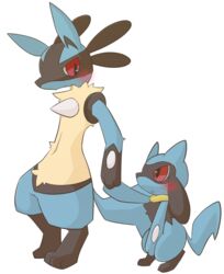  age_difference alpha_channel ambiguous_gender anthro blush canid chest_spike duo generation_4_pokemon hand_holding holding_crotch level_difference looking_at_another lucario mammal nintendo paws pokemon pokemon_(species) riolu shin_(artist) size_difference spikes spikes_(anatomy) standing 