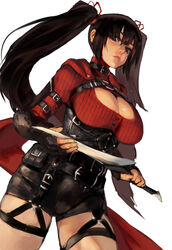  absurdres black_gloves black_hair breasts buttons cleavage cloak closed_mouth collar commentary copyright_request corset dark_avengers_3 english_commentary female fingerless_gloves garter_belt gloves grey_eyes hair_ornament hair_scrunchie highres holding holding_weapon large_breasts lips long_hair looking_at_viewer meme_attire nexon nose o-ring open-chest_sweater red_sweater scrunchie short_sword shorts solo strap sweater sword turtleneck turtleneck_sweater twintails unizama weapon white_background 