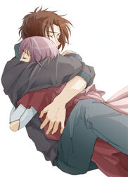  1boy brown_hair cape cheza closed_eyes cutout female hug itaro kiba lavender_hair simple_background white_background wolf&#039;s_rain 