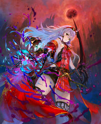  absurdres armlet arnas_(yoru_no_nai_kuni) belt breasts detached_sleeves female gloves goggles goggles_on_head highres long_hair looking_at_viewer medium_breasts official_art official_wallpaper photoshop_(medium) sideboob silver_hair solo sword weapon yoru_no_nai_kuni yoshiku_(oden-usagi) 