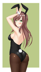  animal_ears ass black_legwear black_leotard blush border breasts brown_hair bunny_ears bunny_girl bunny_pose bunny_tail bunnysuit closed_mouth eyebrows_visible_through_hair fake_animal_ears fishnet_pantyhose fishnets from_behind green_eyes highres keshigomu leotard long_hair looking_at_viewer outside_border pantyhose shiny shiny_clothes shiny_hair shiny_skin simple_background small_breasts smile solo standing tail white_border wrist_cuffs 