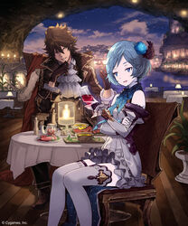  1boy ascot black_feathers black_gloves blue_eyes blue_flower blue_hair blue_rose blue_sky brown_hair commentary_request crossed_arms detached_sleeves dress ezusuke feather_hair_ornament feathers female flower gloves grey_dress grey_legwear grin hair_between_eyes hair_flower hair_ornament highres layered_dress one_eye_closed open_mouth parted_bangs photoshop_(medium) pleated_dress rose shingeki_no_bahamut short_dress short_hair sitting sky sleeveless sleeveless_dress smile spiked_hair star_(sky) starry_sky thighhighs white_ascot zettai_ryouiki 