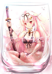  aata1007 air_bubble bare_legs barefoot bikini black_ribbon blonde_hair blush breasts bubble cleavage collarbone commentary_request cup drinking_glass female front-tie_bikini_top front-tie_top full_body glass hair_flaps hair_ornament hair_ribbon hairclip highres in_container indian_style kantai_collection katana long_hair looking_at_viewer medium_breasts navel partially_submerged red_eyes ribbon sheath sheathed sitting smile solo straight_hair swimsuit sword thigh_strap water weapon wet white_bikini yuudachi_(kancolle) yuudachi_kai_ni_(kancolle) 