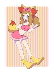  alternate_costume bad_id bad_pixiv_id blue_eyes brown_hair cosplay female fennekin fennekin_(cosplay) highres long_hair moyori pokemon pokemon_(anime) pokemon_xy_(anime) serena_(pokemon) skirt solo striped striped_background 