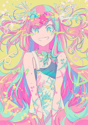  aqua_bow aqua_bowtie aqua_eyes aqua_hair bandaid bare_arms bare_shoulders berryverrine big_hair bow bowtie collarbone colored_eyelashes colorful duplicate female flat_color grin hair_ornament hair_spread_out hairbow happy heart highres long_hair looking_at_viewer multicolor-tinted_eyewear multicolored_eyes multicolored_hair overalls paint_splatter parted_lips pastel_colors pink_hair pinky_pop_hepburn semi-rimless_eyewear single_strap smile solo strap_slip streaked_hair teeth the_moon_studio triangle two-tone_hair v_arms very_long_hair virtual_youtuber white_overalls wide-eyed yellow-framed_eyewear yellow_background 