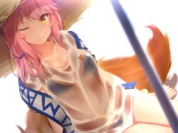  ;) barefoot bikini blue_bikini blurry blush breasts cleavage closed_mouth commentary_request cuon_(kuon) depth_of_field dutch_angle fate/grand_order fate_(series) female fox_print fox_tail hat long_hair looking_at_viewer medium_breasts one_eye_closed pink_hair see-through shirt simple_background smile solo straw_hat sun_hat swimsuit t-shirt tail tamamo_(fate) tamamo_no_mae_(swimsuit_lancer)_(fate) tamamo_no_mae_(swimsuit_lancer)_(second_ascension)_(fate) tsurime umbrella wet wet_clothes wet_shirt white_background 