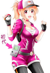  abe_nana baseball_cap belt black_gloves black_leggings blush breasts brown_hair choker cleavage commentary_request cosplay eva_16-gouki female female_protagonist_(pokemon_go) female_protagonist_(pokemon_go)_(cosplay) fingerless_gloves game_boy game_boy_(original) gloves handheld_game_console hat holding holding_poke_ball idolmaster idolmaster_cinderella_girls large_breasts leggings long_hair looking_at_viewer open_mouth photoshop_(medium) poke_ball poke_ball_(basic) pokemon pokemon_go ponytail red_eyes smile solo translated 