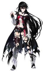  absurdres bandaged_arm bandages black_choker black_hair choker female full_body highres inomata_mutsumi long_hair official_art photoshop_(medium) simple_background solo tales_of_(series) tales_of_berseria torn_clothes velvet_crowe white_background yellow_eyes 