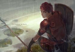  1boy artist_name back commentary_request copyright_name dated fire_emblem fire_emblem_echoes:_shadows_of_valentia gloves grass leaf lily_pad looking_at_viewer lukas_(fire_emblem) male_focus mavis_fuji polearm rain red_eyes red_hair shield solo spear water weapon 