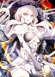  abyssal_ship bikini bikini_top_only black_bikini black_gloves breasts commentary cowboy_shot european_princess female gloves glowing glowing_eyes hair_between_eyes halterneck holding holding_sword holding_weapon kantai_collection large_breasts long_hair looking_at_viewer machinery o-ring o-ring_top open_mouth revision rigging rui_shi_(rayze_ray) skirt solo swimsuit sword teeth turret underboob weapon white_hair white_skirt yellow_eyes 