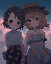  2girls arm_behind_back bare_arms bare_shoulders belt black_hair blonde_hair blush bow bracelet brown_eyes cloud commentary dress fingernails green_eyes hair_ornament hairclip hat hat_bow highres holding_hands idolmaster idolmaster_cinderella_girls jewelry lemon_print light_smile looking_at_viewer medium_hair multiple_girls outdoors sakurai_momoka sasaki_chie shinonoko_(tubamecider) short_hair sky sleeveless turtleneck upper_body 