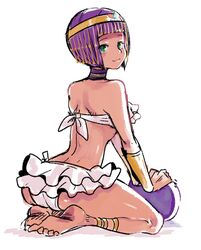  ankleband armband asa back bare_arms bare_shoulders barefoot bikini curvy dark_skin egyptian feet female hips kneeling legs menat purple_hair short_hair simple_background solo street_fighter street_fighter_v swimsuit tanned_skin thighs tiara white_bikini 