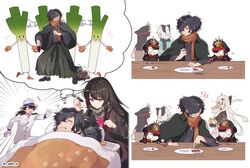  2boys 4girls ahoge black_bow black_hair black_scarf bow canine commentary_request crest dual_persona eating family_crest fate/grand_order fate_(series) hair_ornament hairbow hat jacket japanese_clothes keikenchi_(style) kimono long_hair long_sleeves looking_at_another looking_at_viewer lying military military_hat military_uniform multiple_boys multiple_girls oda_nobunaga_(fate) oda_nobunaga_(koha-ace) oda_uri okada_izou_(dog)_(fate) okada_izou_(fate) okita_souji_(fate) okita_souji_(koha-ace) okita_souji_alter_(fate) omi_(tyx77pb_r2) on_back open_mouth oryou_(fate) pen pink_eyes pomeranian_(dog) ponytail red_scarf sakamoto_ryouma_(fate) scarf sleeping sweatdrop tassel uniform white_hat white_jacket 