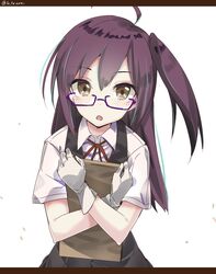  :o ahoge alternate_eye_color bespectacled blouse brown_eyes commentary_request female glasses gloves hagikaze_(kancolle) hugging_object kantai_collection letterboxed long_hair looking_at_viewer neck_ribbon one_side_up open_mouth purple-framed_eyewear purple_hair red_ribbon ribbon school_uniform shirt simple_background solo tenrai twitter_username vest white_background white_gloves white_shirt 