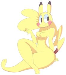  anthro breasts cleft_tail eyelashes female fur generation_1_pokemon hi_res mammal multicolored_body multicolored_fur nintendo norithecat nude pikachu pokemon pokemon_(species) smile solo tail toony wide_hips 