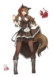  :d animal_ears belt boots bracelet breasts brown_eyes brown_footwear brown_hair brown_pantyhose commentary_request dress female full_body headdress jewelry lansane long_hair long_sleeves looking_at_viewer medium_breasts o-ring open_mouth original pantyhose pleated_skirt shirt signature simple_background skirt skirt_hold smile solo standing tail tsana_(lansane) vest white_background white_shirt wolf_ears wolf_tail wristband 