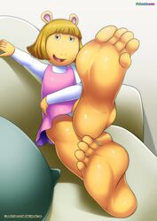  2016 5_toes aardvark anthro arthur_(series) avoid_posting bbmbbf clothed clothing cushion d.w._read digital_media_(artwork) dress feet female foot_focus furniture gradient_background half-closed_eyes hi_res humanoid_feet inviting looking_at_viewer mammal narrowed_eyes palcomix panties plantigrade simple_background sofa solo toes underwear upskirt young young_anthro 