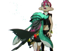  1boy agent_3_(splatoon) agent_8_(splatoon) alternate_hairstyle asphyxiation bad_end bike_shorts black_capelet black_pants black_shirt black_shorts capelet cellphone commentary dated fangs female from_behind green_hair groin half-closed_eyes hero_dualies_(splatoon) holding holding_weapon inkling inkling_girl inkling_player_character long_hair lowleg lowleg_pants midriff motion_blur neck_lift octoling octoling_boy octoling_player_character paint_splatter pants phone pointy_ears red_hair shirt shorts single_vertical_stripe sleeveless sleeveless_shirt smartphone splatoon_(series) splatoon_2 splatoon_2:_octo_expansion squidbeak_splatoon standing strangling tearing_up tentacle_hair very_long_hair weapon white_background wristband yeneny 