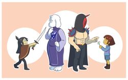  anthro bandage black_hair border boss_monster_(undertale) bovid buddy_armstrong cape caprine clothed clothing crossover delta_rune_(emblem) dingaling_productions female flower frisk_(undertale) fur group hair human lisa_the_joyful lisa_the_painful male mammal mask melee melee_weapon muscular nipples plant poncho rando_armstrong red_eyes simple_background sugarkills sword symbol teeth topless toriel undertale undertale_(series) weapon white_body white_border white_fur 