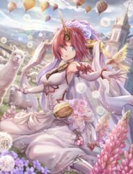  aircraft alpaca animal bellflower bird blue_eyes bow breasts bridal_veil building cleavage cloud commentary dandelion dandelion_seed day dress dutch_angle elbow_gloves fate/apocrypha fate_(series) female field flower flower_request frankenstein&#039;s_monster_(fate) gem gloves grass hair_flower hair_ornament headgear heterochromia highres horizon horns hot_air_balloon lens_flare looking_at_viewer lupinus_(flower) mechanical_horns medium_breasts mountain open_mouth outdoors outstretched_arms pink_hair rose see-through see-through_cleavage sheep short_hair single_horn sitting sky sleeveless sleeveless_dress solo spread_arms sunlight torino_aqua veil wedding_dress white_dress white_gloves yellow_eyes yokozuwari 