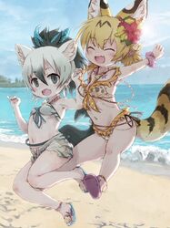  2girls :d ^_^ aardwolf_(kemono_friends) aardwolf_print alternate_costume animal_ear_fluff animal_ears animal_print ankleband arms_up beach bikini bikini_top_only black_eyes black_hair blonde_hair blue_footwear blue_ribbon blue_sky blush clam_shell closed_eyes cloud commentary_request day extra_ears flower hair_between_eyes hair_flower hair_ornament hair_ribbon hibiscus highres horizon jumping kemono_friends kemono_friends_festival kolshica multicolored_hair multiple_girls navel ocean oerba_yun_fang official_alternate_costume open_clothes open_fly open_mouth open_shorts outdoors pink_footwear polka_dot polka_dot_ribbon ponytail print_bikini ribbon sandals scrunchie serval_(kemono_friends) shell_hair_ornament short_hair short_ponytail shorts side-by-side sky smile starfish_hair_ornament swimsuit tail unbuttoned white_bikini white_hair wrist_scrunchie yellow_bikini 