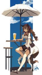  alcohol animal_ears bag bare_shoulders beer between_legs black_skirt blue_sky bracelet braid breasts brown_eyes brown_hair closed_mouth cloud commentary_request cup day dot_nose dress drinking_glass female hair_between_eyes hand_between_legs hand_on_table jewelry lansane long_hair looking_at_viewer medium_breasts original outdoors parasol sandals shoulder_bag signature sitting skirt sky smile solo stool table tail tsana_(lansane) umbrella white_dress wolf_ears wolf_tail wristband 