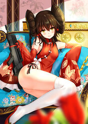  absurdres ass assault_rifle bad_id bad_pixiv_id bare_shoulders black_hair black_panties blurry blurry_foreground blush bow breasts china_dress chinese_clothes chinese_commentary closed_mouth commentary_request couch depth_of_field detached_sleeves double_bun dress dress_bow female floral_print flower frilled_sleeves frills girls&#039;_frontline gun hair_between_eyes hair_bun hairbow head_tilt highres indoors legs long_hair long_legs looking_at_viewer official_alternate_costume panties qbz-97 qianqiu_wanxia red_bow red_dress red_flower red_footwear rifle shade side-tie_panties sidelocks signature sitting skindentation sleeves_past_fingers sleeves_past_wrists small_breasts smile solo sunlight thighhighs turtleneck twintails type_97_(girls&#039;_frontline) type_97_(peony)_(girls&#039;_frontline) underwear weapon white_bow white_thighhighs wide_sleeves yellow_eyes 