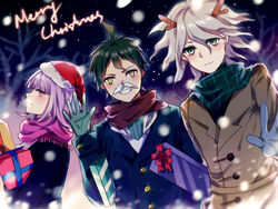  2boys alti_meizi antlers box brown_eyes commentary danganronpa_(series) danganronpa_2:_goodbye_despair fake_facial_hair fake_mustache female floating_hair fur_trim gift gift_box gloves green_eyes green_gloves green_hair grey_gloves hair_between_eyes hat hinata_hajime horns komaeda_nagito long_hair looking_at_viewer merry_christmas multiple_boys nanami_chiaki night outdoors photoshop_(medium) pink_hair pink_scarf red_hat red_scarf reindeer_antlers santa_hat scarf short_hair silver_hair sky standing star_(sky) starry_sky striped yellow_eyes 