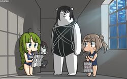  3girls :3 abyssal_ship ahoge animal animalization bear black_hair blue_eyes blue_one-piece_swimsuit braid brown_eyes chikuma_(kancolle) commentary double_bun glowing glowing_eye green_hair hair_bun hamu_koutarou highres kantai_collection kunihiko_moriguchi light_brown_hair living long_hair michishio_(kancolle) mitsukoshi_(department_store) mole mole_under_mouth multiple_girls one-piece_swimsuit ri-class_heavy_cruiser school_swimsuit short_hair single_braid swimsuit yuugumo_(kancolle) 