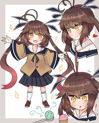  ! aged_down ahoge black_skirt brown_footwear brown_hair brown_shirt cla_(finesoda) commentary_request female food girls&#039;_frontline heart ice_cream loafers long_hair long_sleeves looking_at_viewer m14_(girls&#039;_frontline) multicolored_hair multiple_views open_mouth photoshop_(medium) pleated_skirt shirt shoes skirt triangle_mouth twintails two-tone_background v-shaped_eyebrows white_background white_legwear wide_sleeves yellow_eyes 