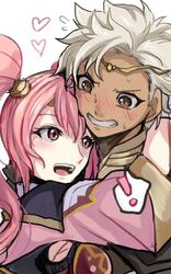  1boy blush boey_(fire_emblem) brown_eyes embarrassed female fire_emblem fire_emblem_echoes:_shadows_of_valentia fire_emblem_gaiden gloves heart highres hug mae_(fire_emblem) pink_eyes pink_hair rem_(eyes_410) simple_background smile straight tan third-party_source white_background white_hair 