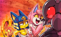  2018 android angry animal_crossing ankha_(animal_crossing) annoyed anthro avian bella_(animal_crossing) bird blue_hair breasts canid canine canis captain_southbird_(character) circlet cleavage clothed clothing conditional_dnp domestic_cat ear_piercing egyptian egyptian_clothing egyptian_headdress felid feline felis female freya_(animal_crossing) fur group hair headdress headgear headwear heart_symbol machine male mammal mouse murid murine nintendo piercing pink_body pink_fur red_eyes robot rodent seshed_circlet short_stack teckworks uraeus wolf yellow_body yellow_eyes yellow_fur 