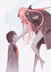  1boy absurdres barefoot black_hair darling_in_the_franxx different_shadow female floating hands_on_another&#039;s_face highres hiro_(darling_in_the_franxx) horns jacket_on_shoulders key_visual light_smile long_hair looking_at_another military military_uniform official_art pink_hair short_hair spot_color tanaka_masayoshi uniform zero_two_(darling_in_the_franxx) 