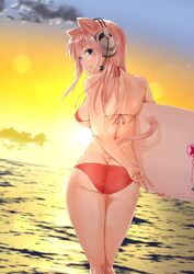  animal_ears ass bikini breasts cat_ears cat_tail cloud commentary_request cowboy_shot evening female from_behind ganari_ryuu green_eyes headphones headset highres holding holding_surfboard large_breasts long_hair looking_at_viewer looking_back ocean orange_theme original outdoors pink_hair red_bikini sideboob sky smile solo standing sun sunset super_tama_musume surfboard swimsuit tail tamatoys thighs water 