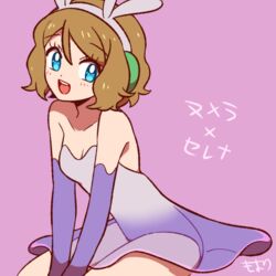  bad_id bad_pixiv_id blue_eyes breasts brown_hair cleavage cosplay elbow_gloves female gloves goomy goomy_(cosplay) hairband looking_at_viewer moyori pink_background pokemon pokemon_(anime) pokemon_xy_(anime) serena_(pokemon) short_hair simple_background small_breasts smile 