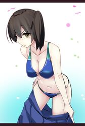  bare_shoulders bikini blue_bikini blue_skirt breasts brown_eyes brown_hair clothes_pull collarbone commentary_request female hakama hakama_short_skirt hakama_skirt japanese_clothes kaga_(kancolle) kantai_collection large_breasts letterboxed long_hair looking_at_viewer navel side_ponytail skirt skirt_pull solo swimsuit tenrai undressing 