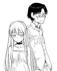  1boy blush choker commentary_request couple female genshiken glasses good_end greyscale long_hair looking_at_viewer madarame_harunobu monochrome nervous oerba_yun_fang otaku otaple petite sakaki_imasato simple_background size_difference spoilers straight susanna_hopkins sweatdrop very_long_hair 