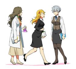  3girls black_skirt blonde_hair brown_hair catgirl0926 commentary erlenmeyer_flask flask genderswap_(mtf) glasses grey_hair hair_bun hair_ornament hairclip hazama_michio idolmaster idolmaster_side-m lab_coat long_hair maita_rui multiple_girls pantyhose pencil_skirt purple_eyes rule_63 s.e.m_(idolmaster) simple_background single_hair_bun skirt symbol-only_commentary walking white_background yamashita_jiro 