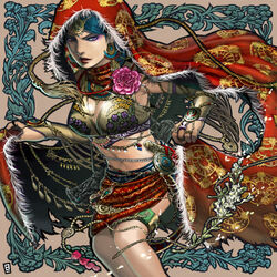  bare_shoulders black_hair breasts bridal_gauntlets cape cleavage dan_(drinkm) earrings eyeshadow female floral_print flower fur jewelry large_breasts lipstick makeup purple_eyes simple_background solo sword tekken weapon zafina_(tekken) 