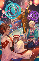  1boy 2girls alternate_costume artist_name blanche_(pokemon) blonde_hair bowl brown_hair candela_(pokemon) chopsticks chopsticks_in_mouth commentary_request dark_skin earrings eating fireworks flower food genderswap_(otf) hair_flower hair_ornament hand_fan japanese_clothes jewelry kadeart kimono long_hair multiple_girls night night_sky obi onigiri paper_fan poke_ball_print pokemon pokemon_go pokestop ponytail rule_63 sash seiza short_hair sitting sky spark_(pokemon) uchiwa white_hair wide_sleeves yukata 