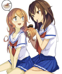  +_+ 2girls blue_eyes blue_skirt brown_eyes brown_hair commentary_request hair_down high_school_fleet highres kuroki_hiromi long_hair minutachi mouth_hold multiple_girls neckerchief orange_hair pleated_skirt red_neckerchief sailor_collar school_uniform serafuku short_sleeves simple_background skirt wavy_hair white_background white_sailor_collar yanagiwara_maron yokosuka_girls_marine_high_school_uniform 