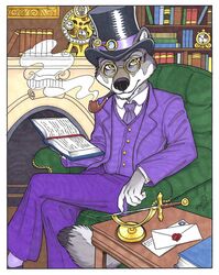  2012 anthro archived_source book canid canine canis chair clothed clothing cluedo envelope eyewear fireplace fur furniture glasses grey_body grey_fur hasbro hat headgear headwear hi_res knife letter_opener library male mammal marci_mcadam necktie professor_plum shelf smoke smoking smoking_pipe solo table top_hat white_body white_fur wolf yellow_eyes 