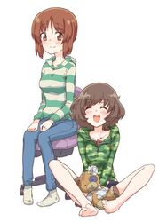  2girls :d akiyama_yukari bandages bandaid barefoot blue_hair blue_pants blue_shorts boko_(girls_und_panzer) brown_eyes brown_hair camouflage camouflage_hoodie camouflage_shirt casual chair closed_eyes closed_mouth commentary_request denim girls_und_panzer green_shirt grey_legwear hands_on_lap holding holding_stuffed_toy hood hoodie jeans light_blue_hair long_sleeves looking_at_viewer messy_hair monolith_(suibou_souko) multiple_girls nishizumi_miho no_shoes office_chair on_ground open_mouth pants shirt short_hair shorts simple_background sitting smile socks striped_clothes striped_hoodie striped_shirt stuffed_animal stuffed_toy swivel_chair teddy_bear white_background zipper 