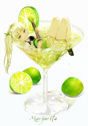  alcohol bad_id bad_pixiv_id bow cocktail cocktail_glass commentary cup dangmill dress drinking_glass female food fruit glasses green_dress green_eyes green_hair green_theme guitar hairbow headphones headphones_around_neck highres ice ice_cube in_container instrument lime_(fruit) long_hair margarita mini_person minigirl original partially_submerged personification semi-rimless_eyewear side_ponytail solo under-rim_eyewear white-framed_eyewear 