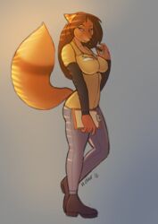  2016 absurd_res anthro blue_eyes breasts brown_hair canid canine cleavage clothed clothing female fox hair hi_res mammal simple_background solo standing wide_hips woadedfox 